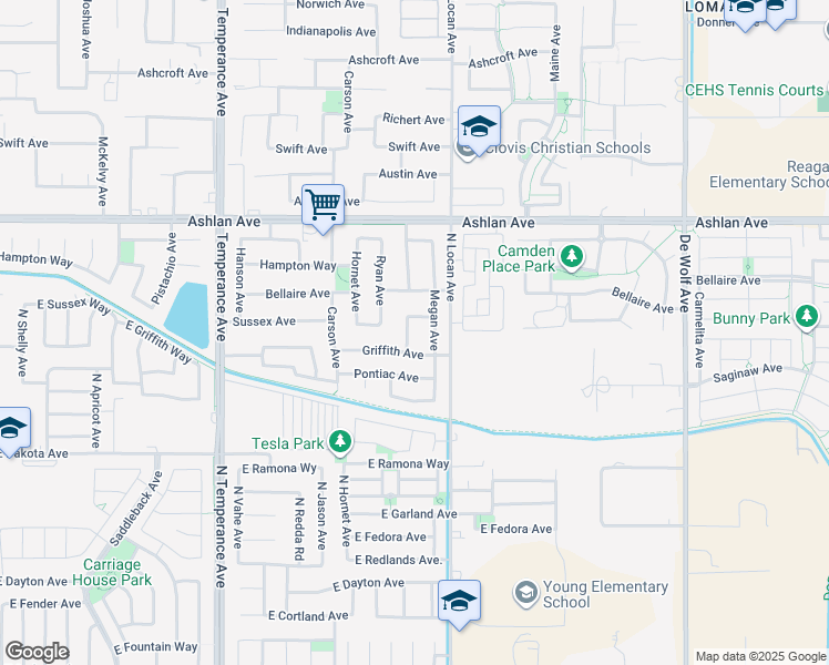 map of restaurants, bars, coffee shops, grocery stores, and more near 3407 Greenfield Avenue in Clovis