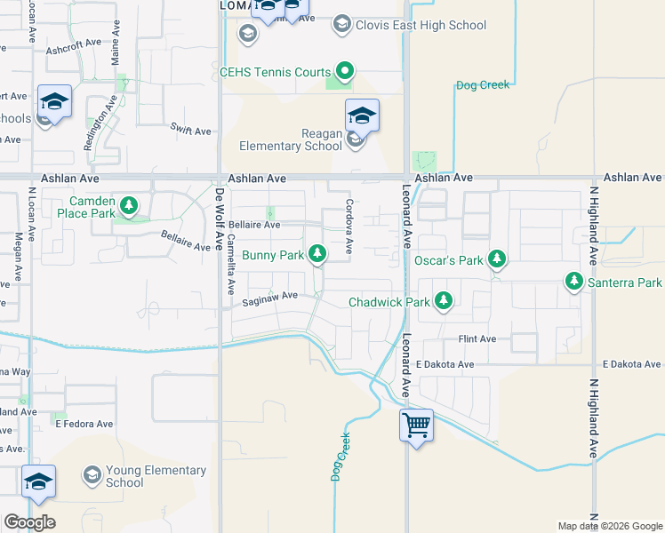 map of restaurants, bars, coffee shops, grocery stores, and more near 3658 Sussex Avenue in Clovis