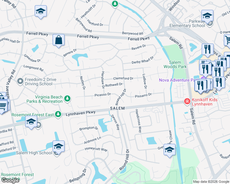 map of restaurants, bars, coffee shops, grocery stores, and more near 4524 Picasso Drive in Virginia Beach