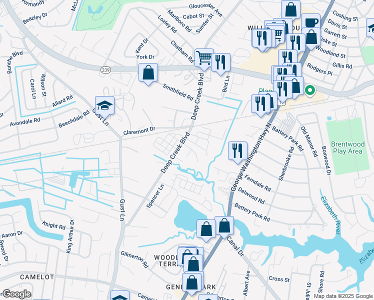 map of restaurants, bars, coffee shops, grocery stores, and more near 2729 Misty Point Road in Chesapeake