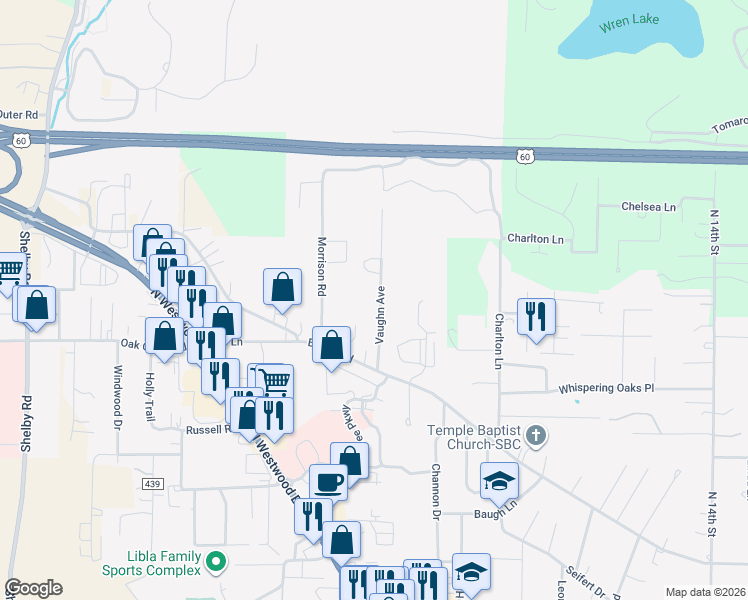map of restaurants, bars, coffee shops, grocery stores, and more near 2871 Vaughn Avenue in Poplar Bluff