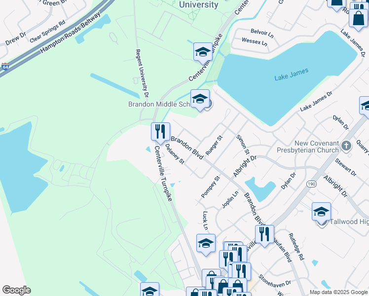 map of restaurants, bars, coffee shops, grocery stores, and more near 5709 Brandon Boulevard in Virginia Beach