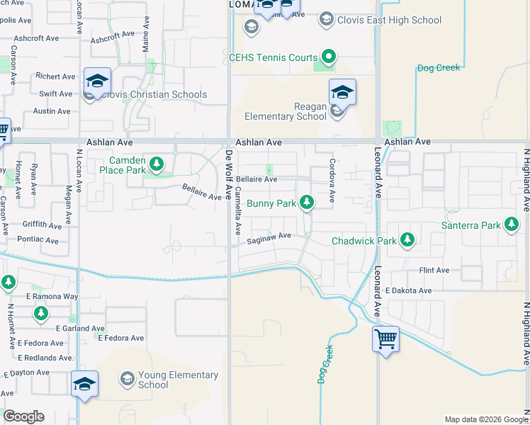 map of restaurants, bars, coffee shops, grocery stores, and more near 3448 Sussex Avenue in Clovis