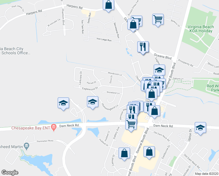 map of restaurants, bars, coffee shops, grocery stores, and more near 1251 Eaglewood Drive in Virginia Beach