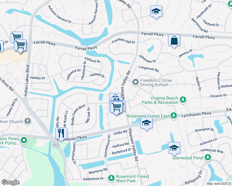 map of restaurants, bars, coffee shops, grocery stores, and more near 1452 Sangaree Circle in Virginia Beach