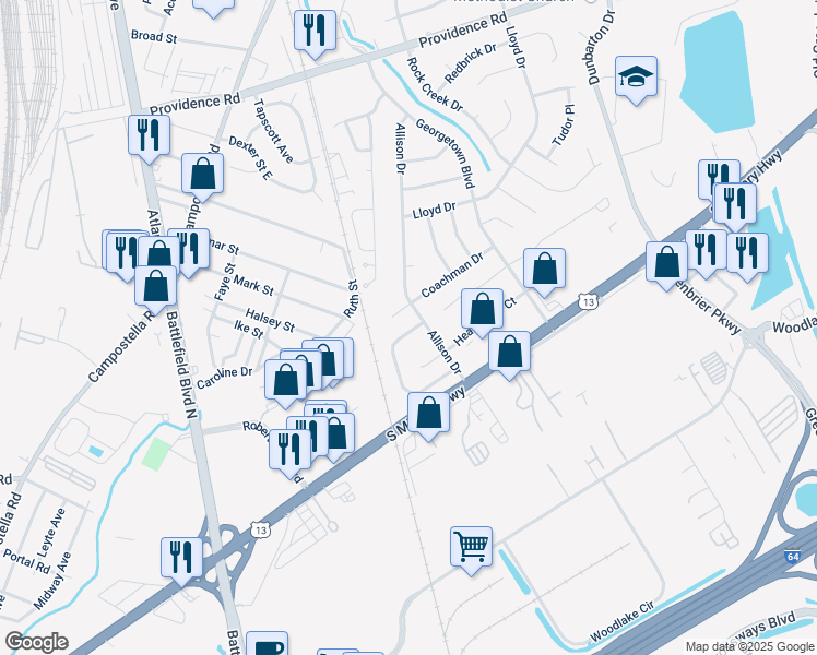 map of restaurants, bars, coffee shops, grocery stores, and more near 2020 Candlelight Drive in Chesapeake
