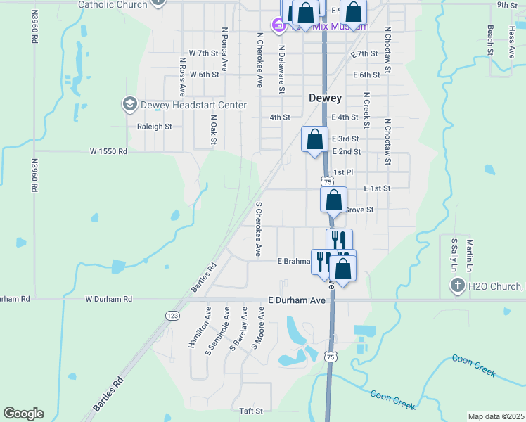 map of restaurants, bars, coffee shops, grocery stores, and more near 114 South Cherokee Avenue in Dewey