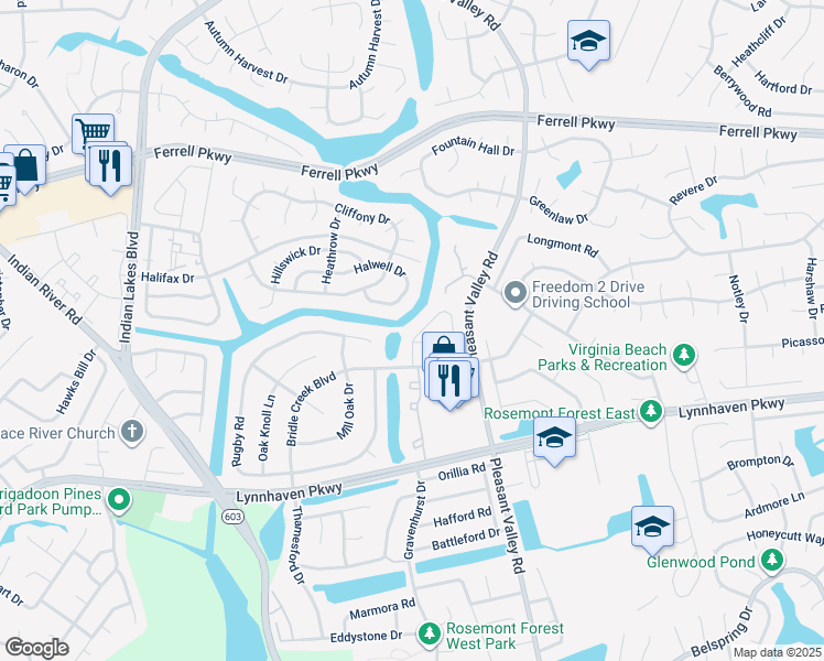 map of restaurants, bars, coffee shops, grocery stores, and more near 1421 Sangaree Circle in Virginia Beach