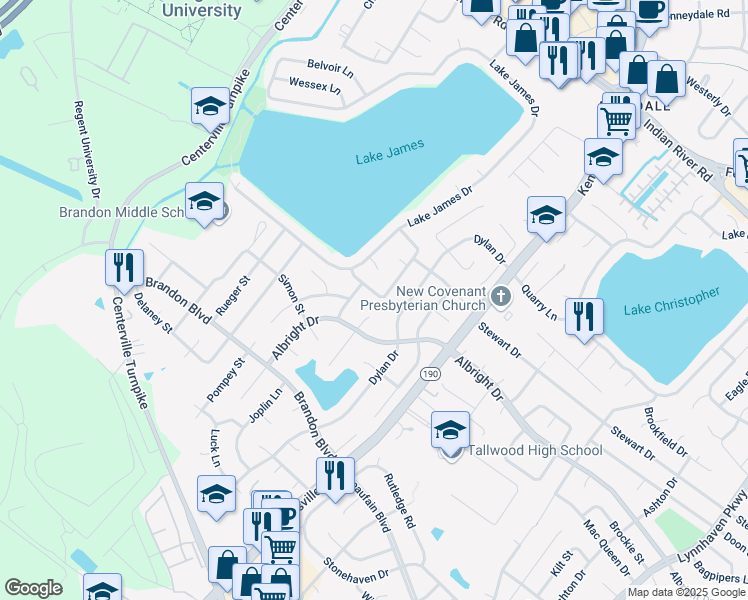 map of restaurants, bars, coffee shops, grocery stores, and more near 5460 Wallingford Arch in Virginia Beach
