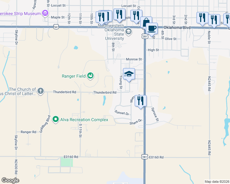map of restaurants, bars, coffee shops, grocery stores, and more near 730 Thunderbird Road in Alva