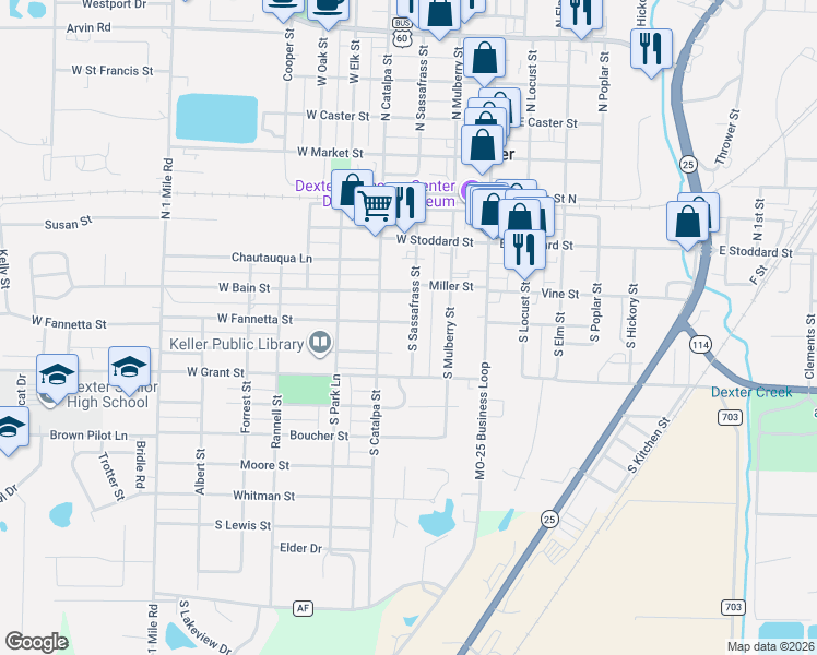 map of restaurants, bars, coffee shops, grocery stores, and more near 203 West Fannetta Street in Dexter