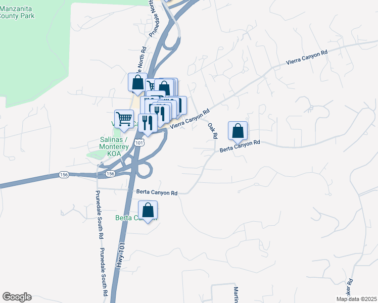 map of restaurants, bars, coffee shops, grocery stores, and more near 17811 Berta Canyon Road in Salinas