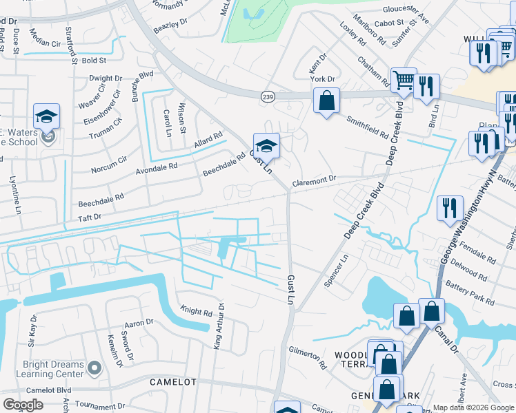 map of restaurants, bars, coffee shops, grocery stores, and more near 1417 Shady Tree Way in Chesapeake