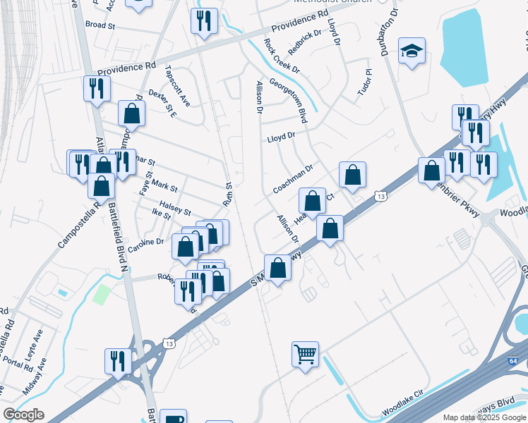 map of restaurants, bars, coffee shops, grocery stores, and more near 2020 Candlelight Drive in Chesapeake