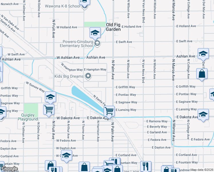 map of restaurants, bars, coffee shops, grocery stores, and more near 209 E Griffith Way in Fresno