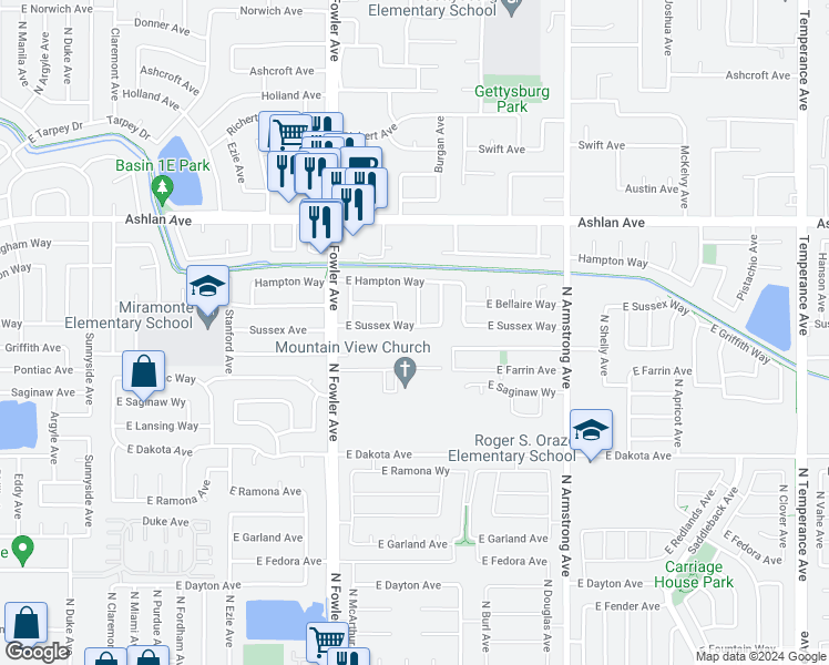map of restaurants, bars, coffee shops, grocery stores, and more near 6110 East Sussex Way in Fresno