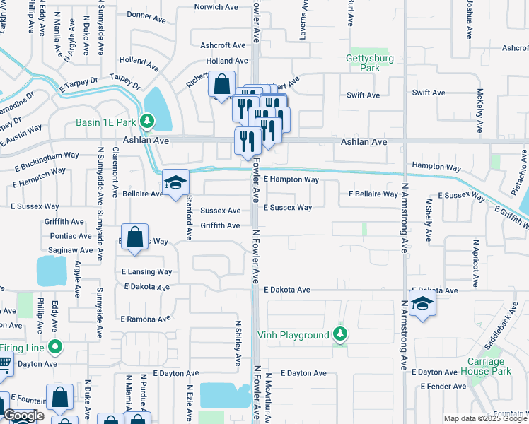 map of restaurants, bars, coffee shops, grocery stores, and more near 6008 East Sussex Way in Fresno