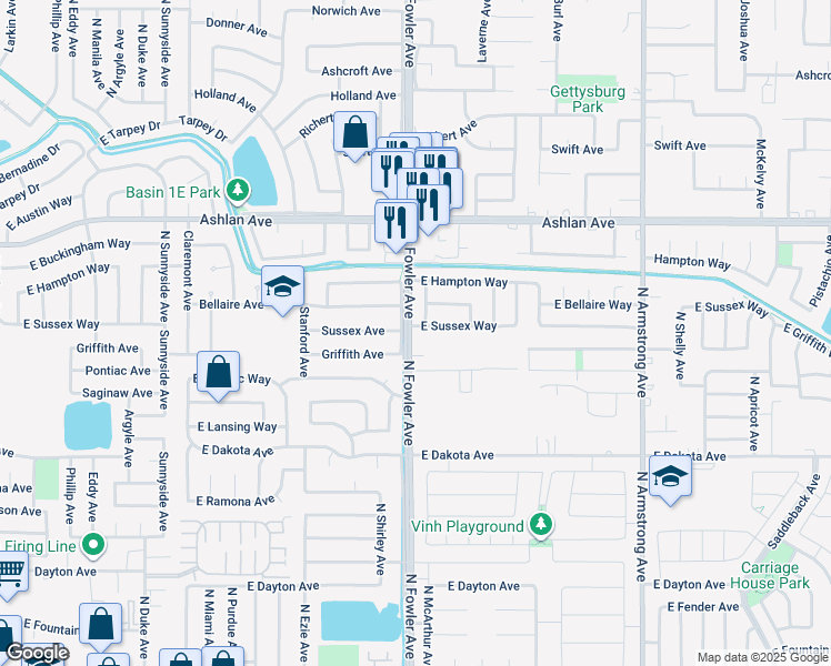 map of restaurants, bars, coffee shops, grocery stores, and more near 6002 East Sussex Way in Fresno