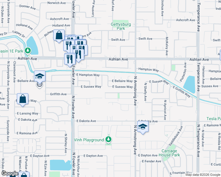 map of restaurants, bars, coffee shops, grocery stores, and more near 6190 East Sussex Way in Fresno