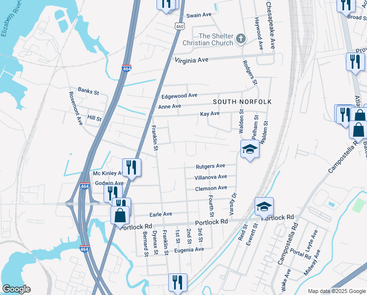 map of restaurants, bars, coffee shops, grocery stores, and more near 3304 Country Circle in Chesapeake