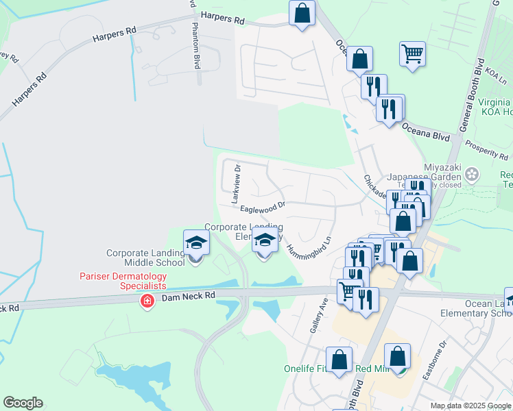 map of restaurants, bars, coffee shops, grocery stores, and more near 1284 Eaglewood Drive in Virginia Beach