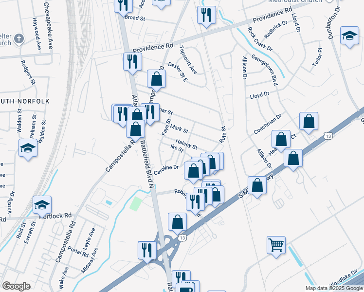 map of restaurants, bars, coffee shops, grocery stores, and more near 2716 Halsey Street in Chesapeake