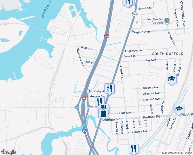 map of restaurants, bars, coffee shops, grocery stores, and more near Lamont Street in Chesapeake