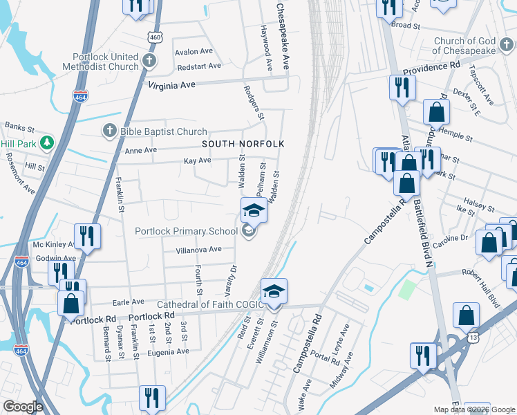 map of restaurants, bars, coffee shops, grocery stores, and more near 3214 Walden Street in Chesapeake