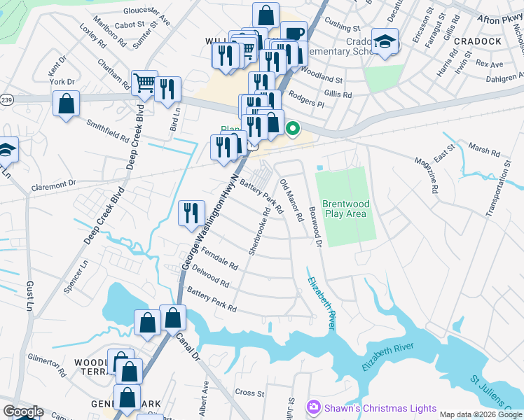 map of restaurants, bars, coffee shops, grocery stores, and more near 2300 Springdale Road in Chesapeake
