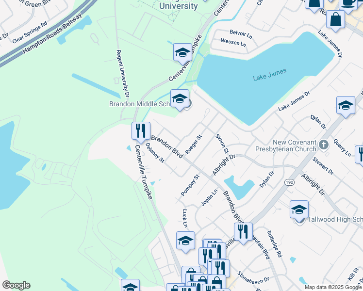 map of restaurants, bars, coffee shops, grocery stores, and more near 1734 Pope Street in Virginia Beach
