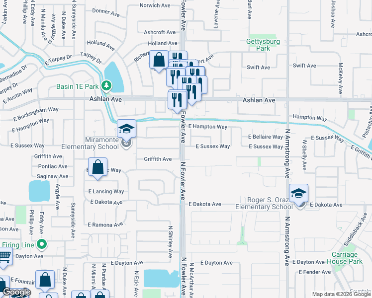 map of restaurants, bars, coffee shops, grocery stores, and more near 6002 East Sussex Way in Fresno