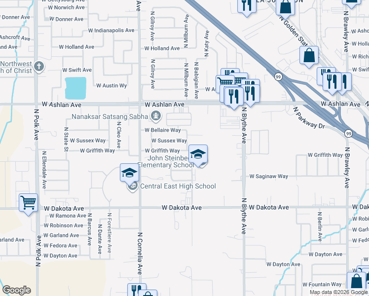 map of restaurants, bars, coffee shops, grocery stores, and more near 4642 West Griffith Way in Fresno