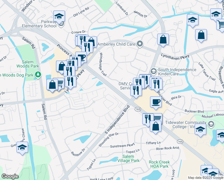 map of restaurants, bars, coffee shops, grocery stores, and more near 1613 Dominion Court in Virginia Beach