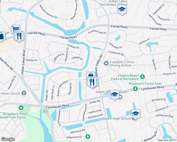 map of restaurants, bars, coffee shops, grocery stores, and more near 1452 Sangaree Circle in Virginia Beach