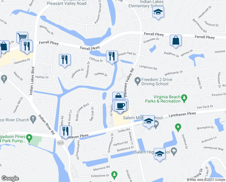 map of restaurants, bars, coffee shops, grocery stores, and more near 1513 Sangaree Circle in Virginia Beach