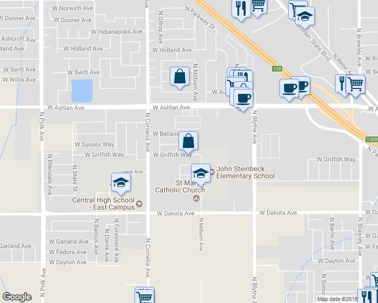 map of restaurants, bars, coffee shops, grocery stores, and more near 4642 West Griffith Way in Fresno