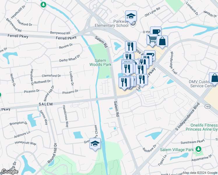 map of restaurants, bars, coffee shops, grocery stores, and more near 1560 Wynd Crest Way in Virginia Beach