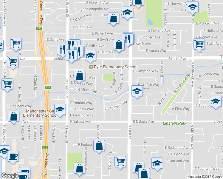map of restaurants, bars, coffee shops, grocery stores, and more near 4024 North Angus Street in Fresno
