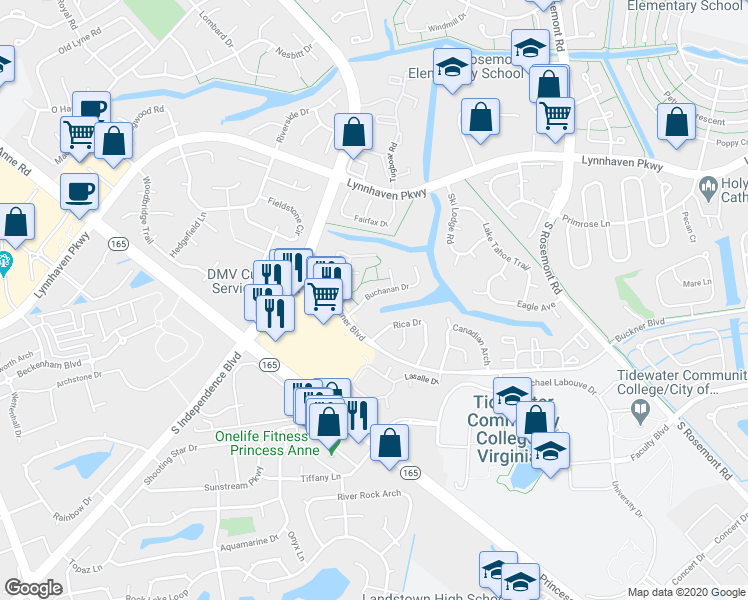 map of restaurants, bars, coffee shops, grocery stores, and more near 3907 Buchanan Drive in Virginia Beach