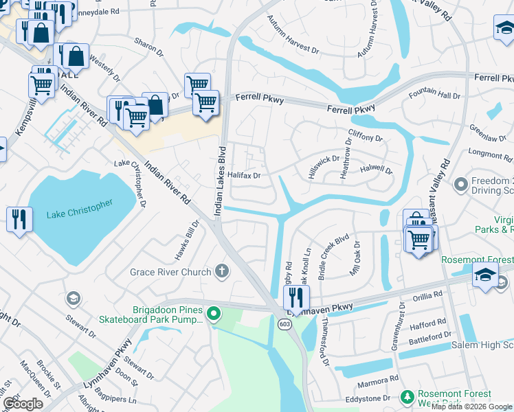 map of restaurants, bars, coffee shops, grocery stores, and more near 1552 Jameson Drive in Virginia Beach