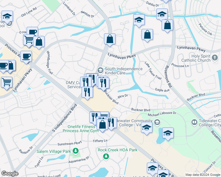 map of restaurants, bars, coffee shops, grocery stores, and more near 3930 Buchanan Drive in Virginia Beach