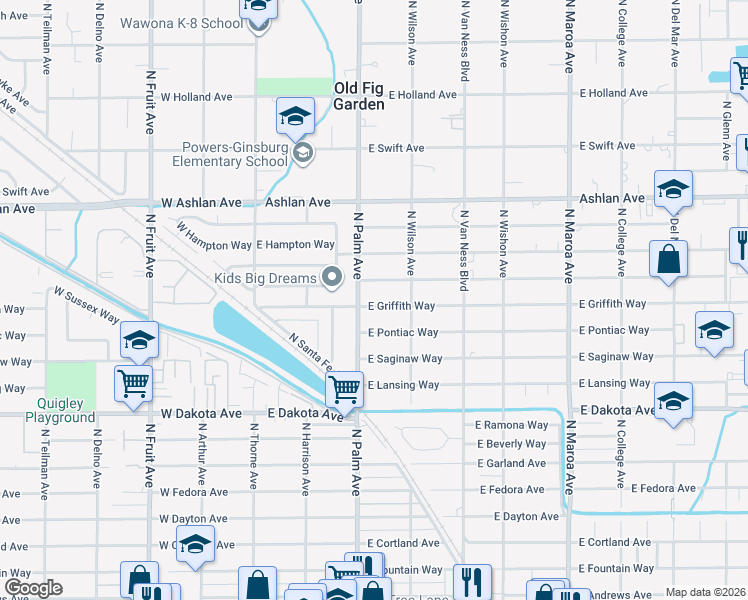 map of restaurants, bars, coffee shops, grocery stores, and more near 325 East Griffith Way in Fresno