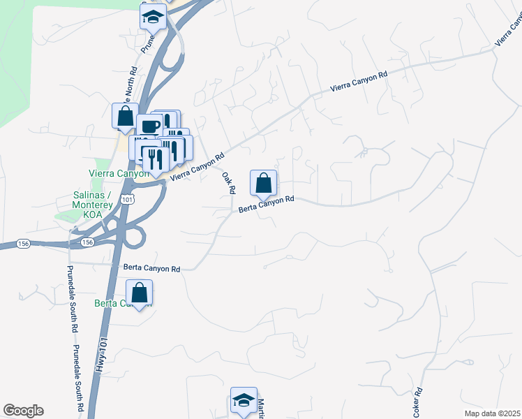 map of restaurants, bars, coffee shops, grocery stores, and more near 17848 Berta Canyon Road in Salinas