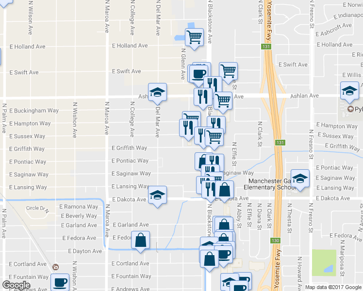 map of restaurants, bars, coffee shops, grocery stores, and more near 408 North Glenn Avenue in Fresno