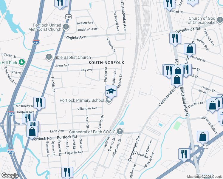 map of restaurants, bars, coffee shops, grocery stores, and more near 3214 Walden Street in Chesapeake