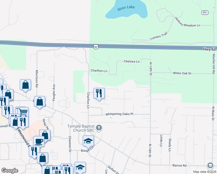 map of restaurants, bars, coffee shops, grocery stores, and more near 1815 Kysar Road in Poplar Bluff