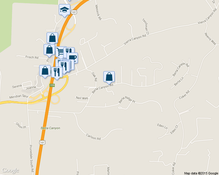 map of restaurants, bars, coffee shops, grocery stores, and more near 17848 Berta Canyon Road in Salinas