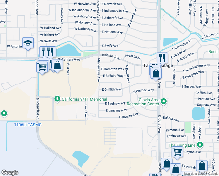 map of restaurants, bars, coffee shops, grocery stores, and more near 5435 East Griffith Way in Fresno