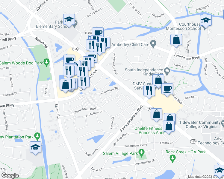 map of restaurants, bars, coffee shops, grocery stores, and more near 3848 Clarendon Way in Virginia Beach