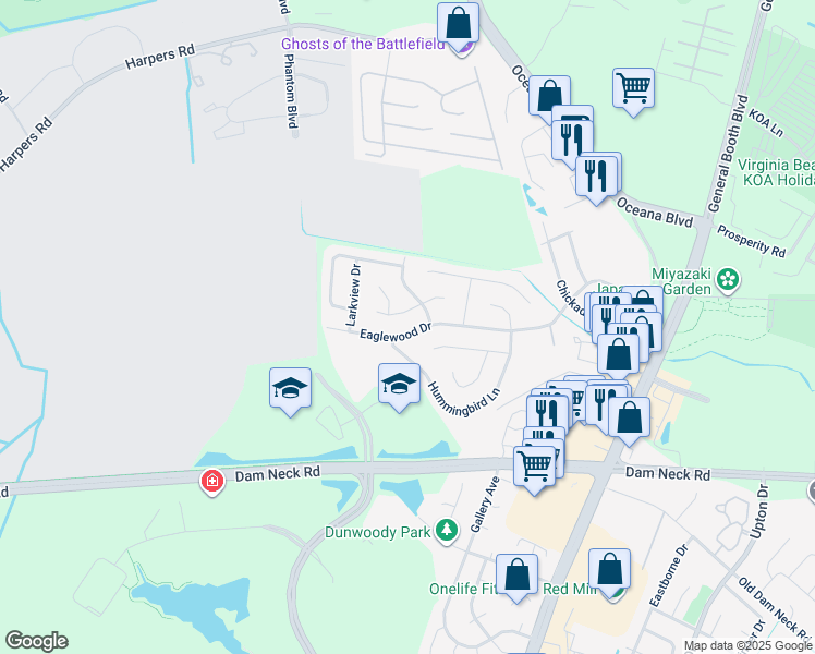 map of restaurants, bars, coffee shops, grocery stores, and more near 1269 Eaglewood Drive in Virginia Beach